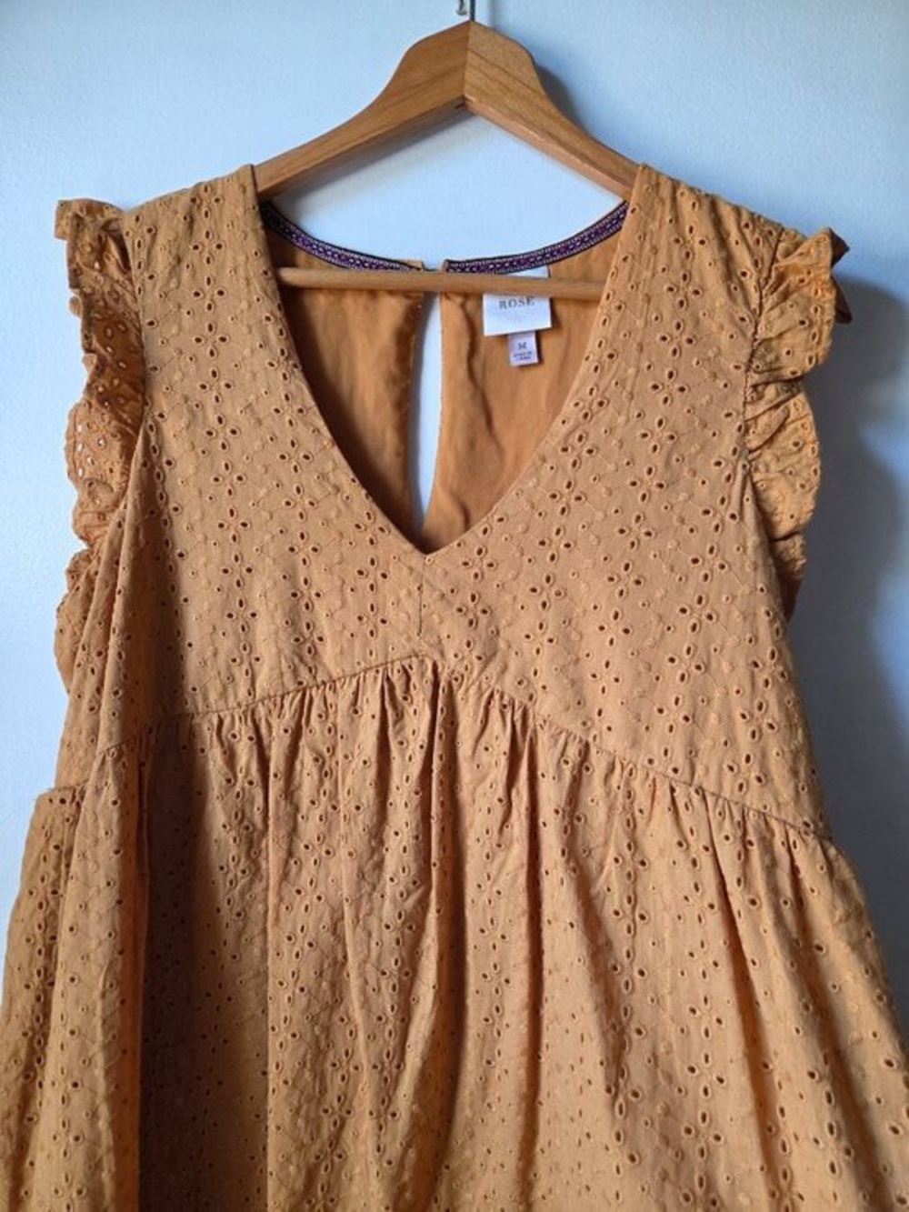 Eyelet V-Neck Flutter Sleeve Dress in Mustard - Picture 3 of 5
